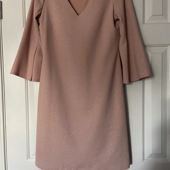 Taylor Blush Pink Textured Metallic V-neck Bell-sleeve Shift Dress 8 sparkles - Picture 5 of 6